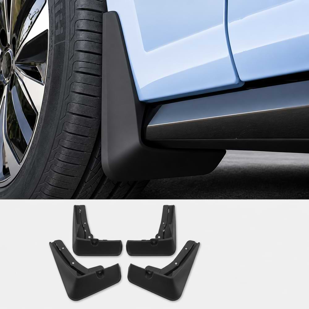 Car mud flaps attached to a vehicle with additional flaps displayed below on a white background.