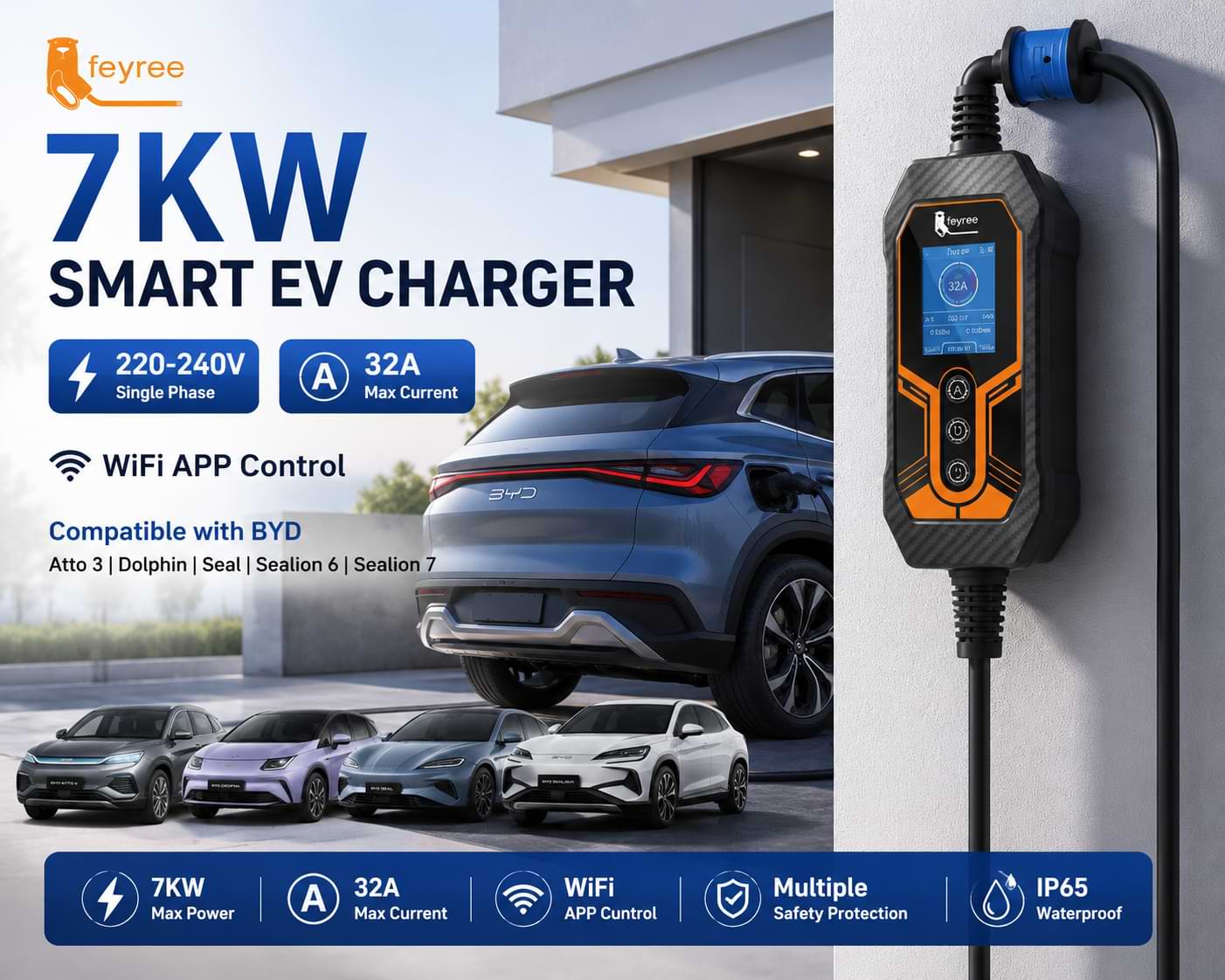 Feyree 7KW Smart EV Charger with WiFi app control charging a BYD electric vehicle at home, featuring 32A single-phase Type 2 charging compatibility.