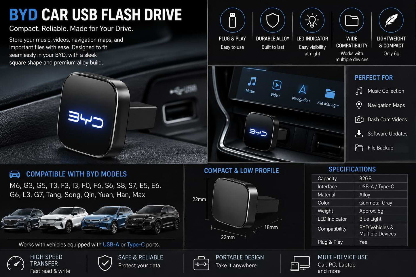 BYD 32GB USB Flash Drive Gunmetal Gray