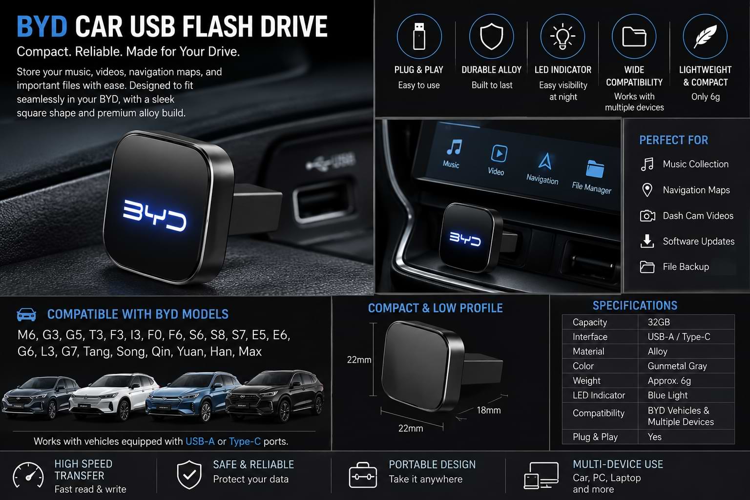 BYD 32GB USB Flash Drive Gunmetal Gray