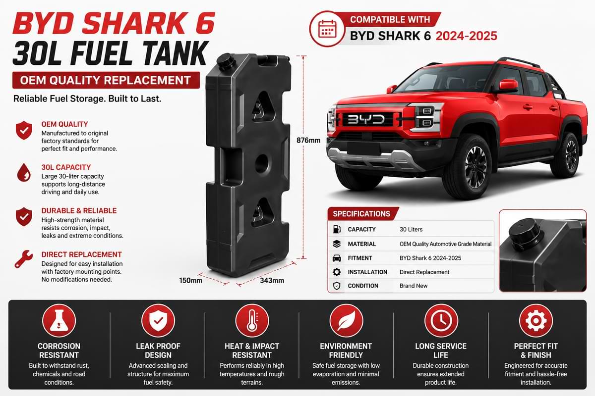 BYD Shark 6 fuel tank replacement kit with vehicle image and specifications.