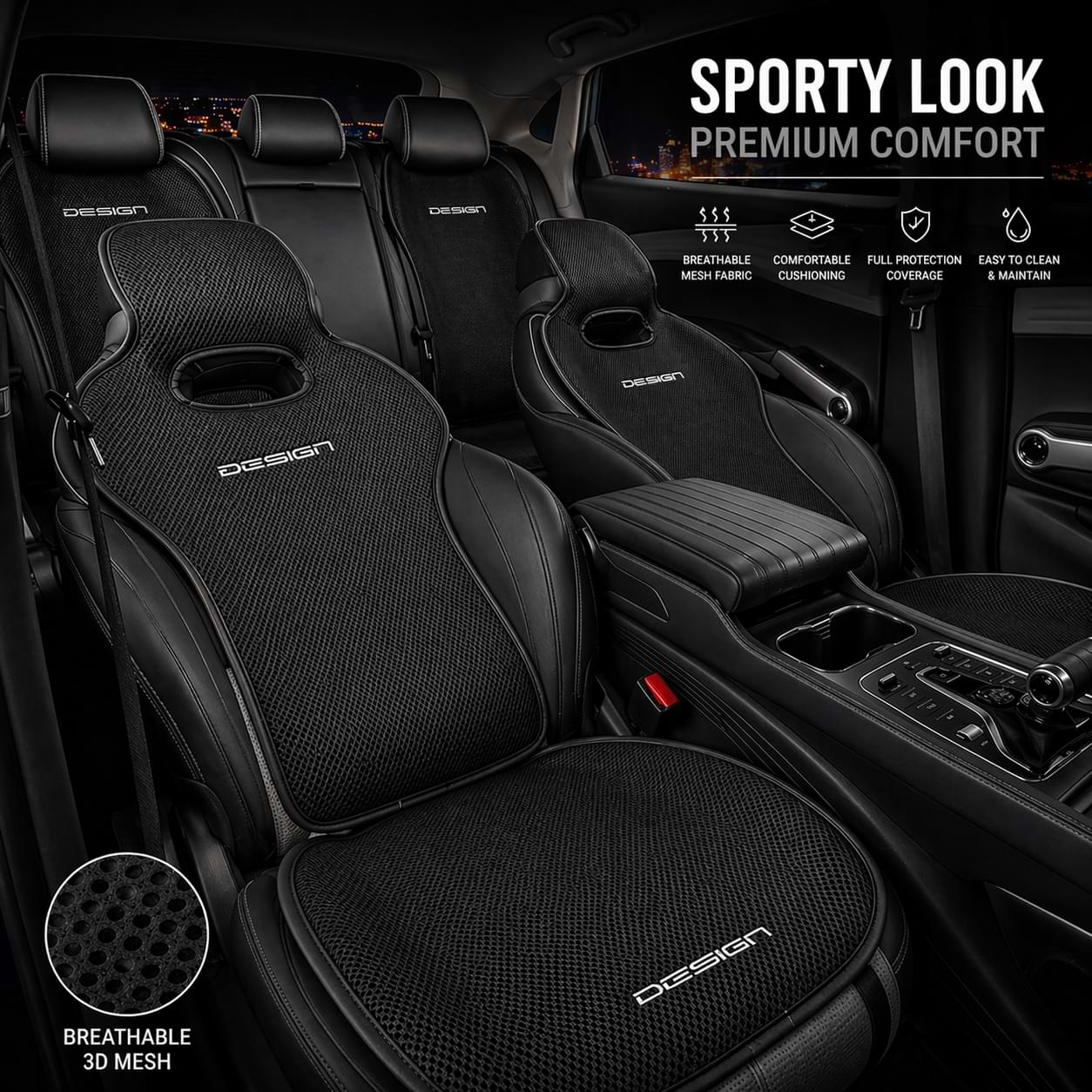 byd Black car seat covers Cushion with breathable 3D mesh feature inside a vehicle.