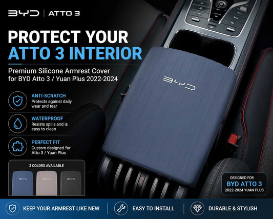 Blue silicone armrest cover for BYD Atto 3 with product details and features.