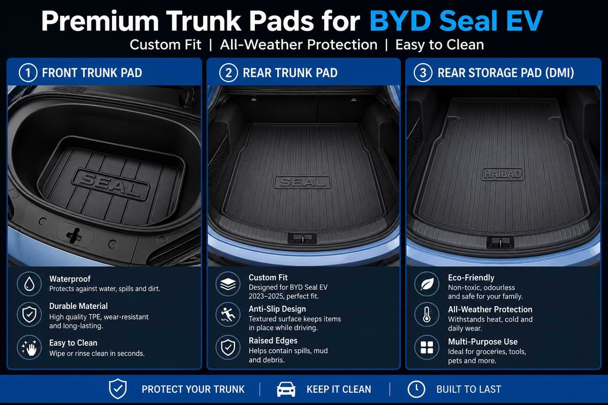 Custom-fit trunk mats for BYD Seal EV including front trunk pad, rear cargo liner, and DMI storage mat, waterproof and anti-slip design for 2023–2025 models.