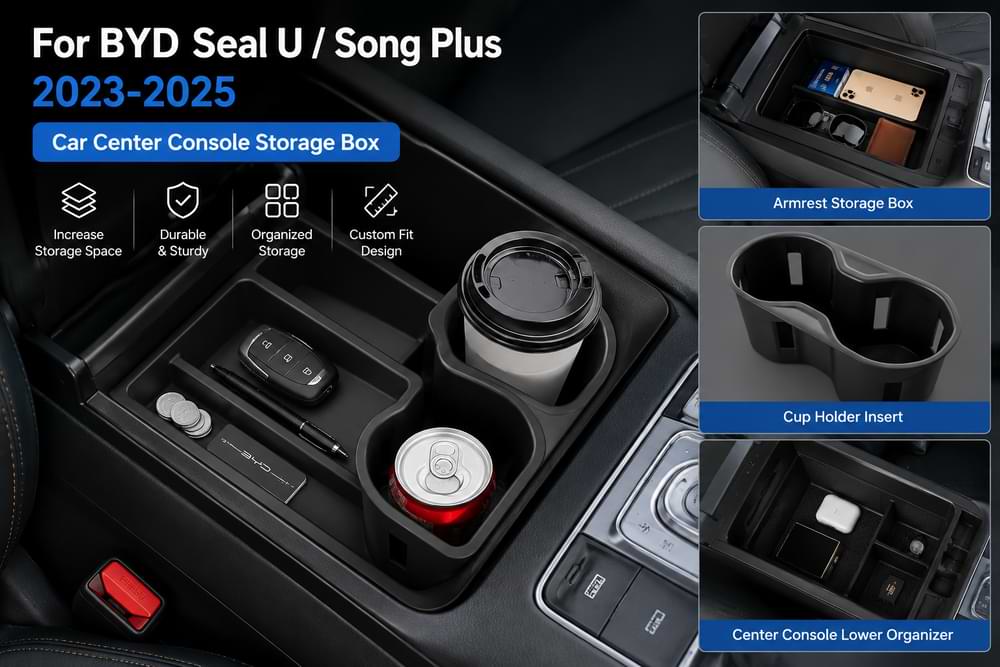 Car center console storage box for BYD Seal U/Song Plus with features and components highlighted.