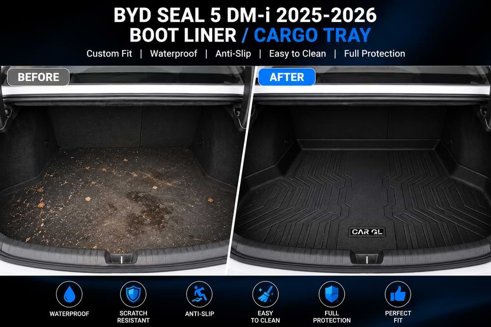 Comparison of a car boot liner before and after installation, with features listed below BYD Seal 