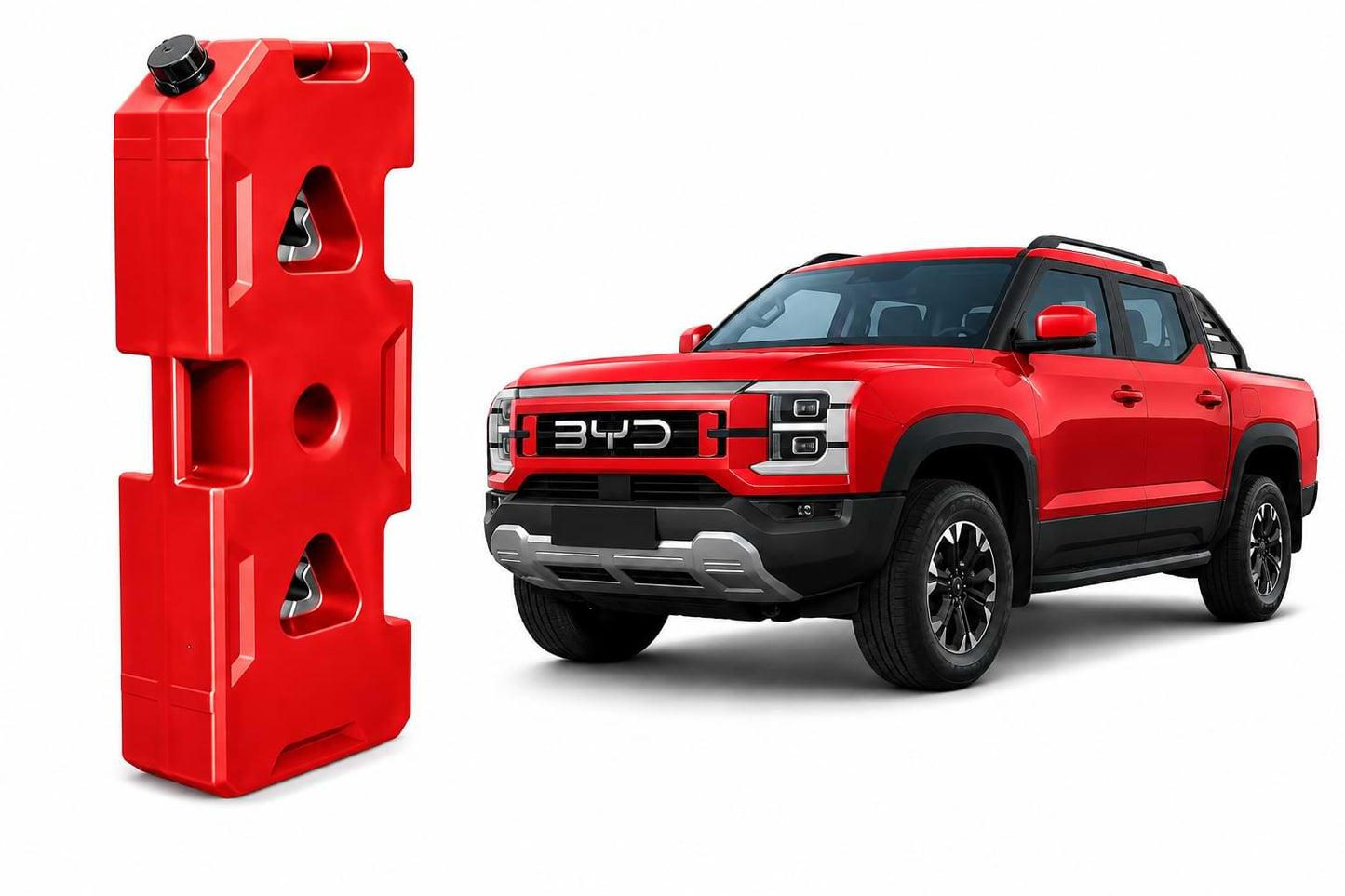 Red SUV with BYD logo next to a red fuel tank on a white background