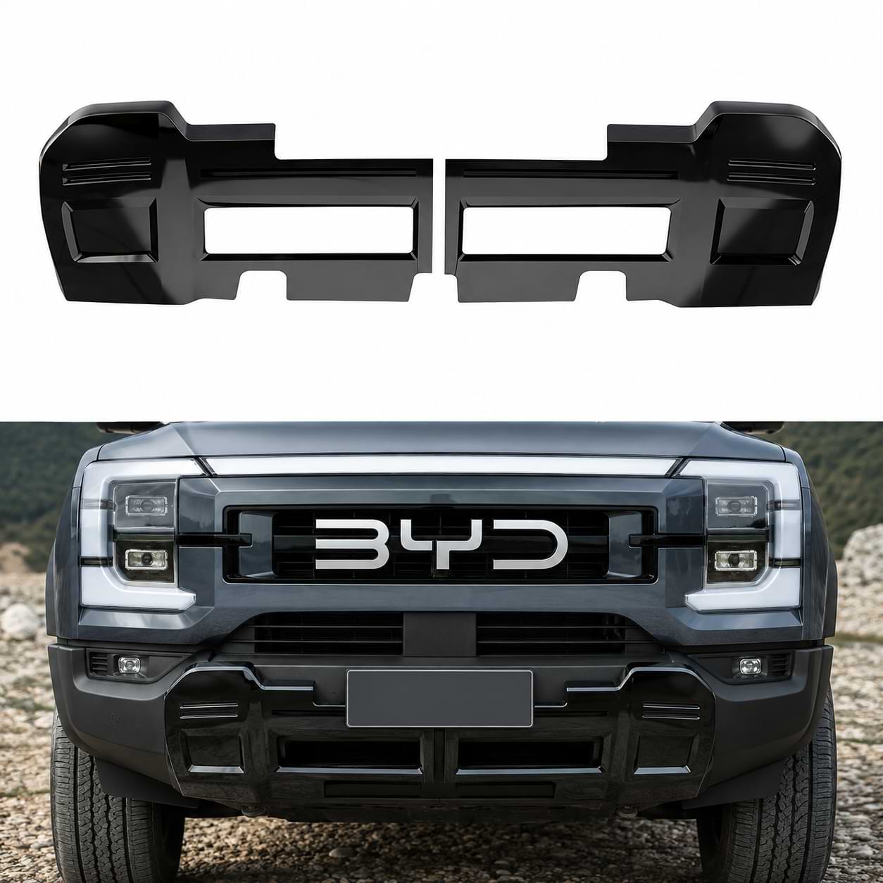 Gloss black front bumper lower guard plate installed on BYD Shark 6 front exterior