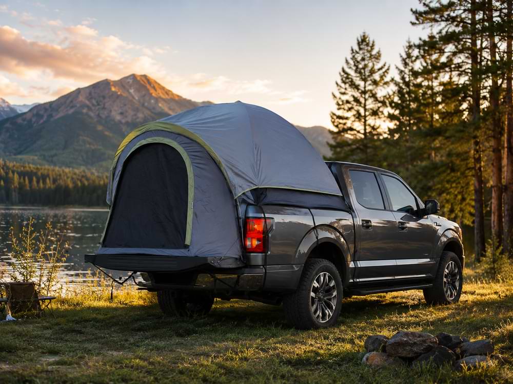 Camping tent attached to a truck by a lake with mountains in the byd shark