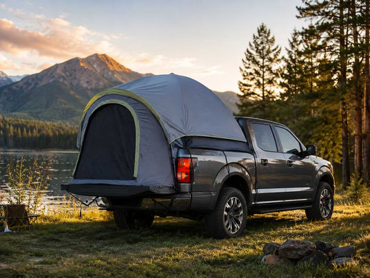 Camping tent attached to a truck by a lake with mountains in the byd shark