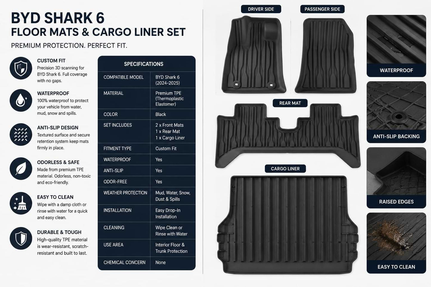 BYD Shark 6 floor mats and cargo liner set with specifications and features.