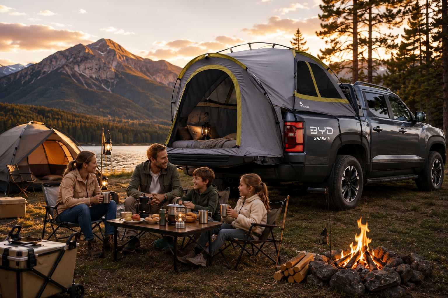 BYD Shark 6 pickup truck with rear tub camping tent beside a lake during outdoor camping