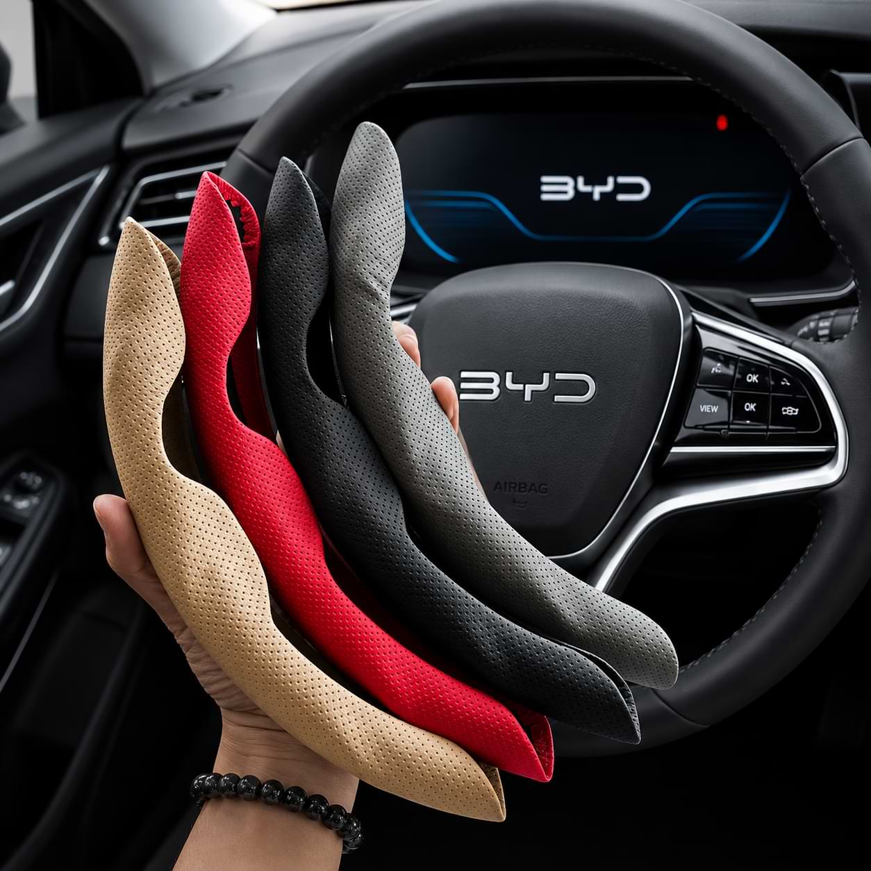 BYD Universal D Shape Leather Steering Wheel Cover 15 Inch Anti Slip