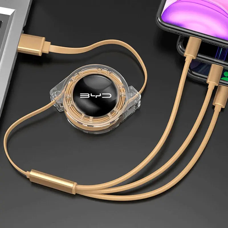 BYD cable with a clear connector on a dark surface