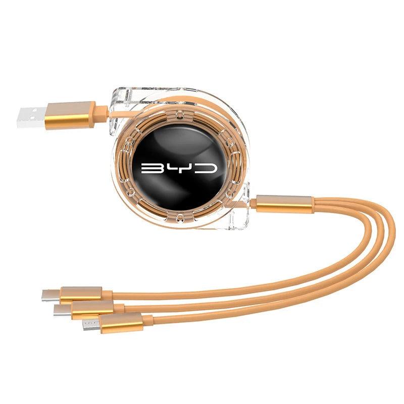 BYD cable with gold connectors on a white background