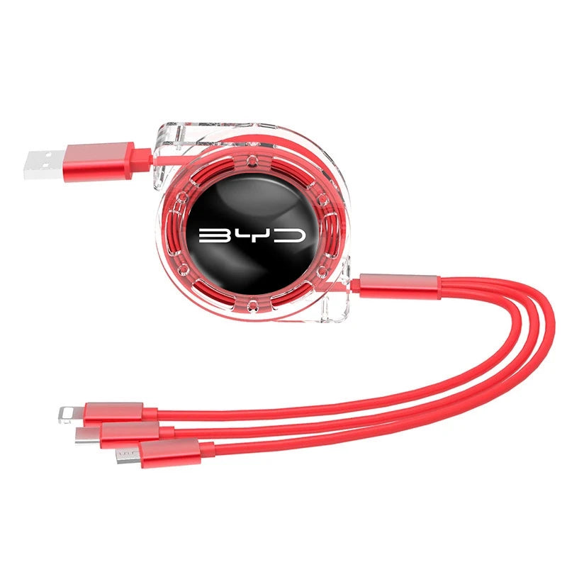 Red BYD cable with multiple connectors on a white background
