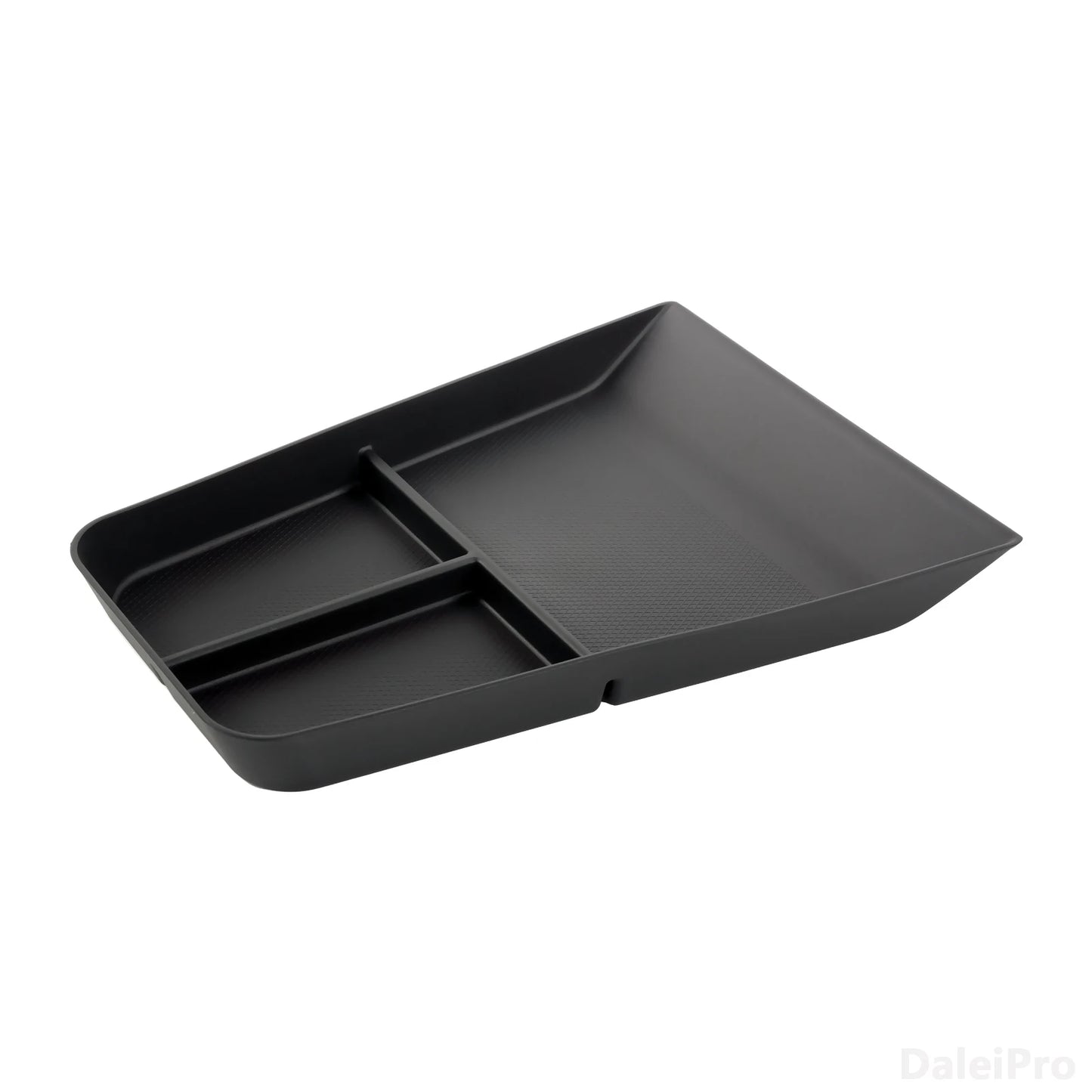Black plastic tray with compartments on a white background