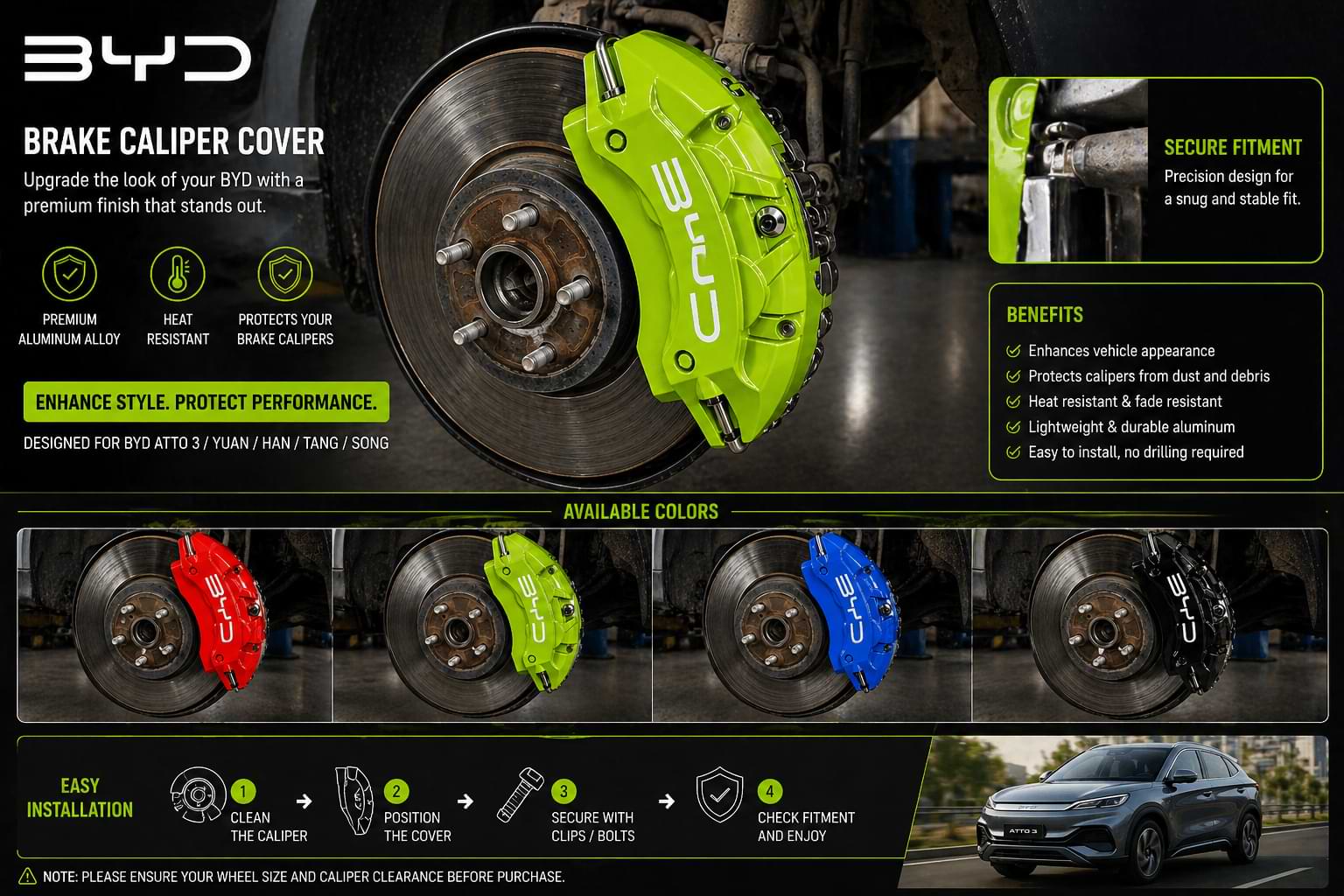 Brake caliper cover with color options and installation guide on byd atto 3