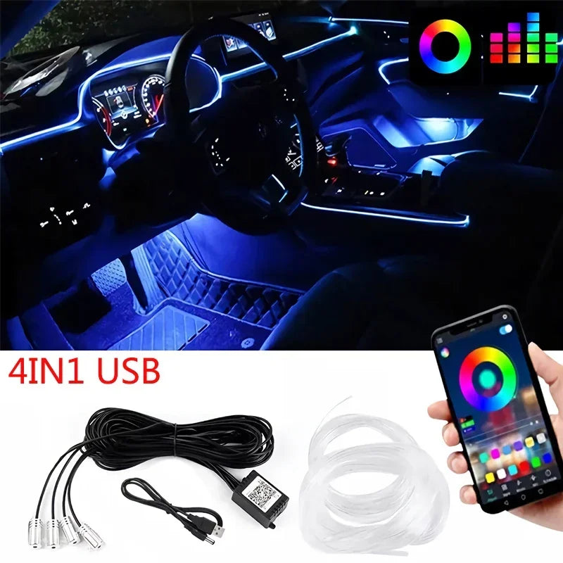 
Car interior with RGB LED strip lights and smartphone app control, featuring 4IN1 USB cable Byd atto 3 