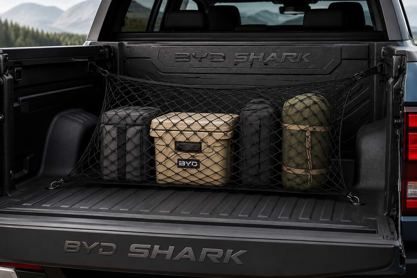 BYD Shark 6 trunk storage net size guide featuring 110x60cm and 70x70cm elastic cargo organizer options with durable mesh construction, secure hooks, and easy installation.