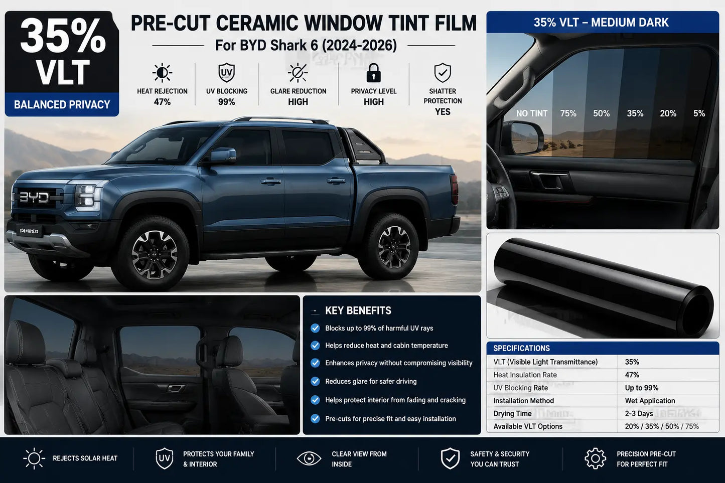 Designed for BYD Shark 6 2024-2026, this ceramic window tint kit helps reduce heat buildup, block harmful UV rays, and create a more comfortable driving experience.