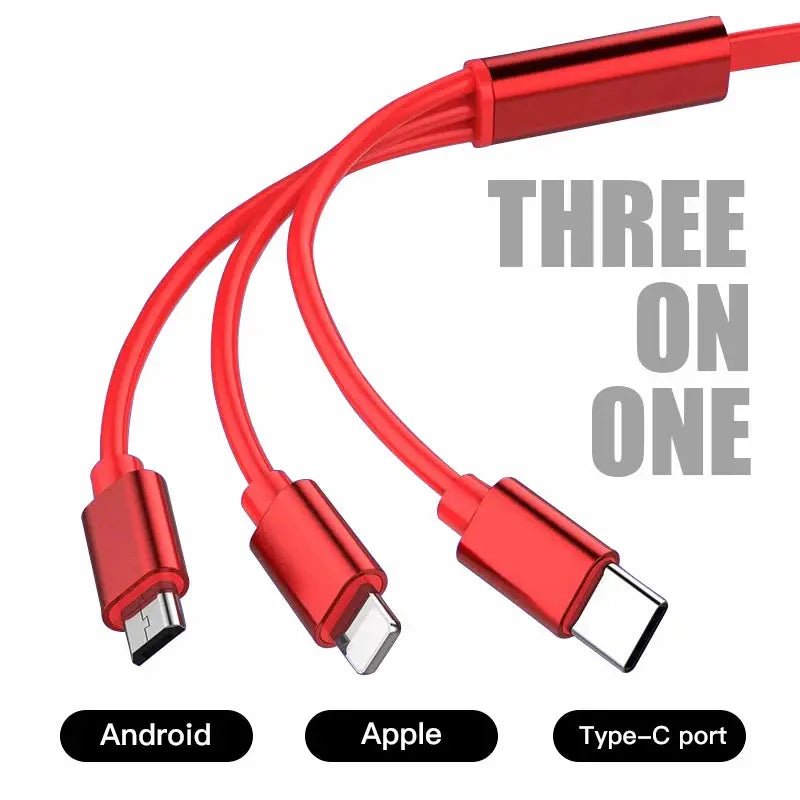 Red multi-device charging cable with Android, Apple, and Type-C port connectors in byd car