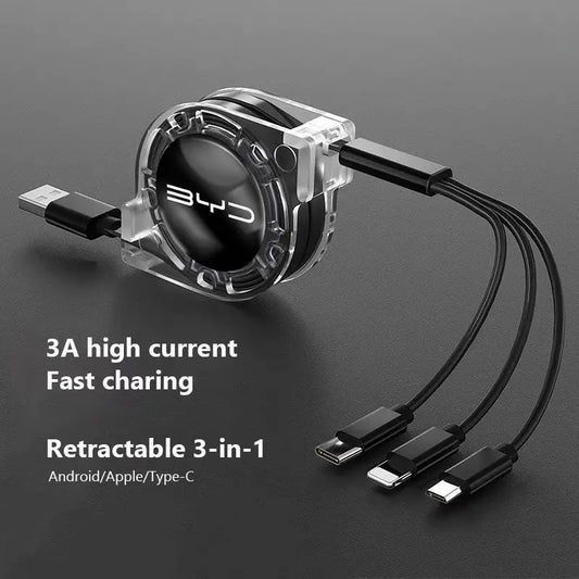 Retractable 3-in-1 charging cable with BYD branding on a dark background