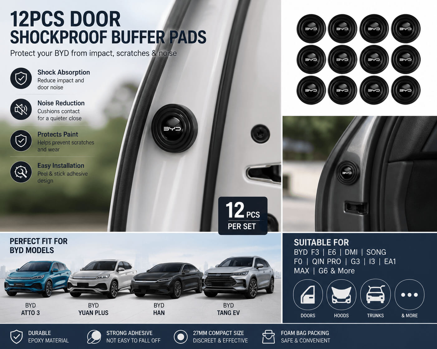 12-piece BYD door shockproof buffer pads installed on vehicle door frame