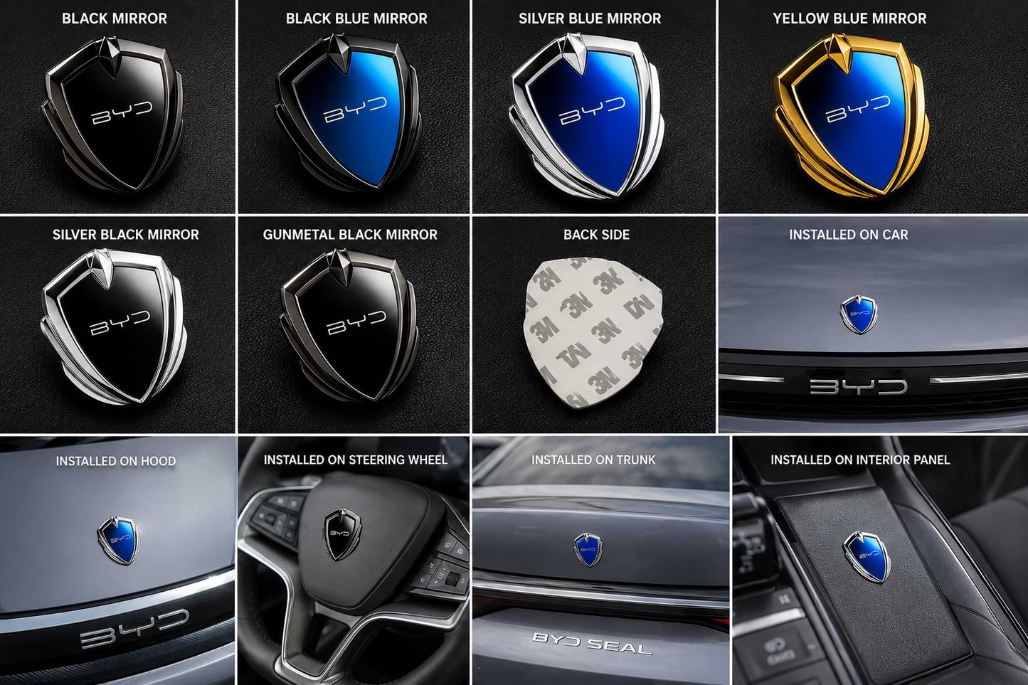 BYD 3D metal shield emblem sticker installation guide showing all color options and practical installation on BYD Seal, Dolphin, Atto 3, Sealion 6, Sealion 7, Song Plus, Han, and Tang.
