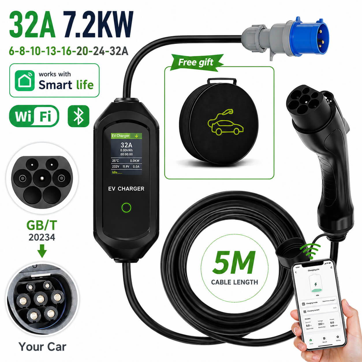 32A 7.2kW Portable EV Charger for BYD – Type 2, Type 1 & GB/T, 5m Cable