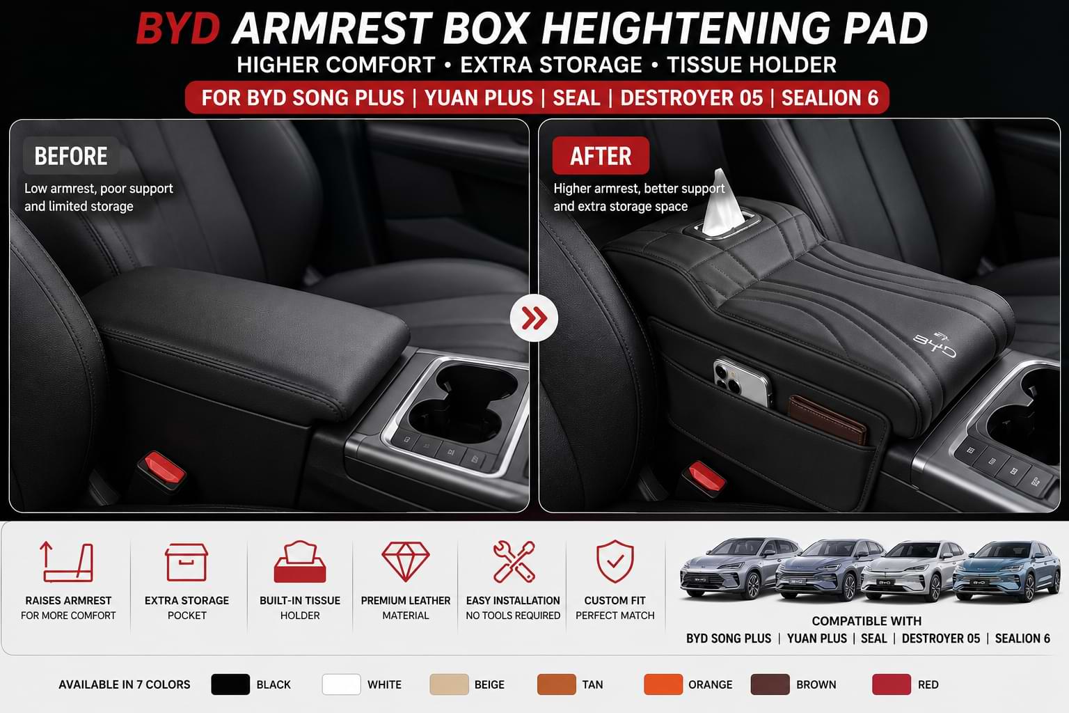 Before and after comparison showing a standard BYD center console armrest versus an upgraded armrest heightening pad with storage pocket and tissue holder.