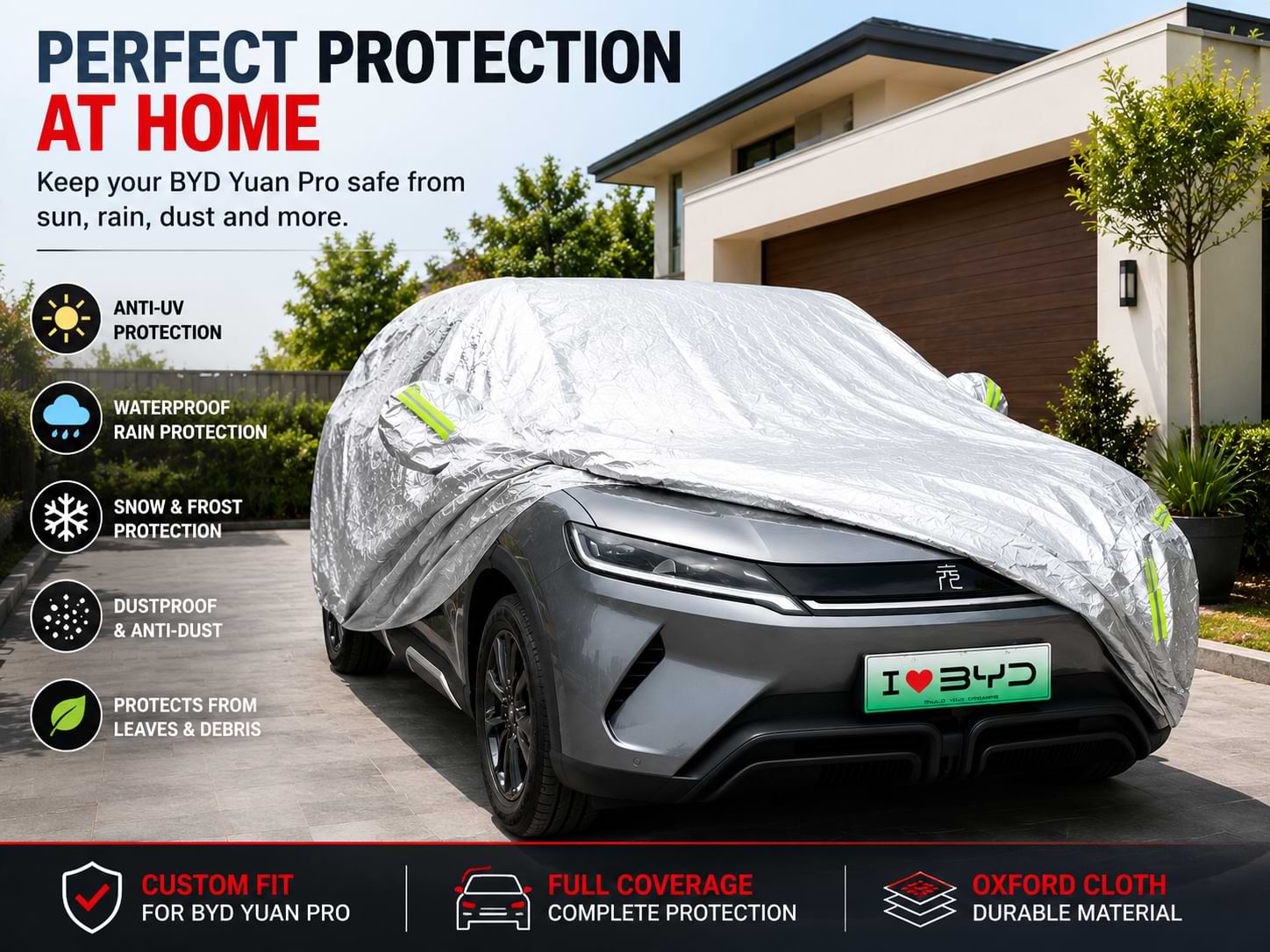 Front view of a waterproof Oxford cloth full car cover for BYD ATTO 2, Yuan Up, and Yuan Pro 2024-2025 with reflective safety strips.