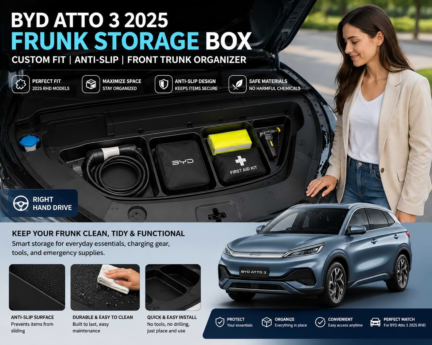 BYD Atto 3 2025 RHD Frunk Storage Box | Front Trunk Organizer Installed