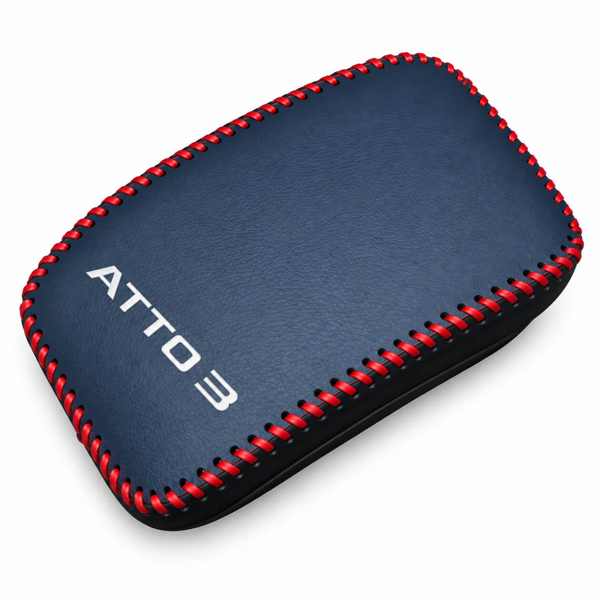 Navy interior door armrest cover for BYD Atto 3 and Yuan Plus 2022–2023, featuring padded construction, red stitching, and available BYD or Atto 3 branding.