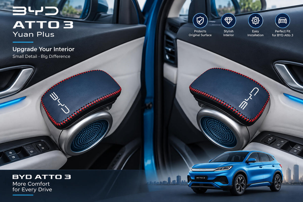 Navy silicone door armrest cover installed on the BYD Atto 3 / Yuan Plus interior.