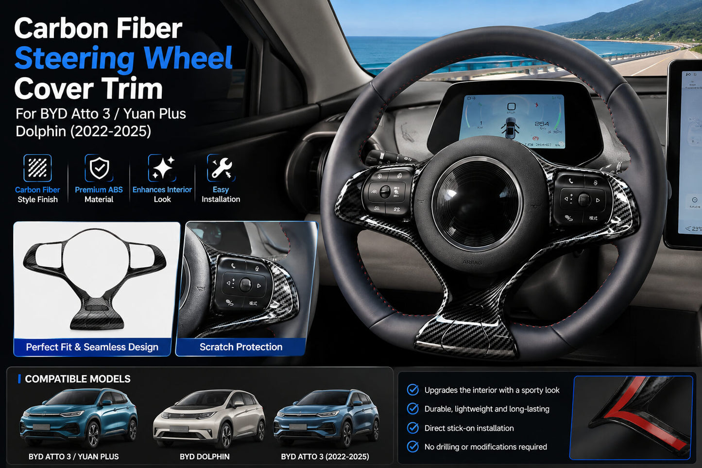 Carbon fiber steering wheel cover trim installed on BYD Atto 3 steering wheel with product view