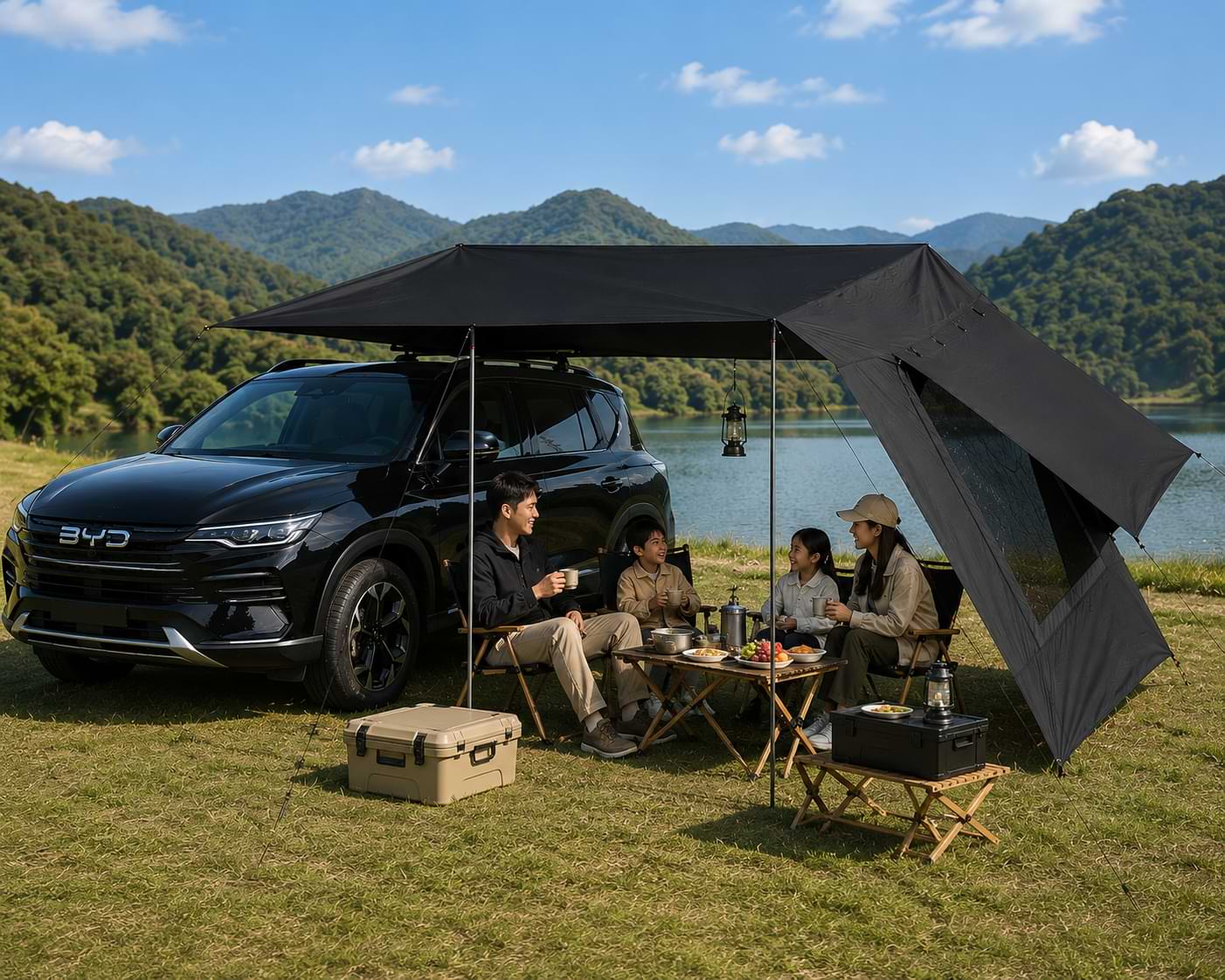 Waterproof Car Awning Tent with Mesh Skylight for BYD Atto 3, Sealion 7 & Shark 6