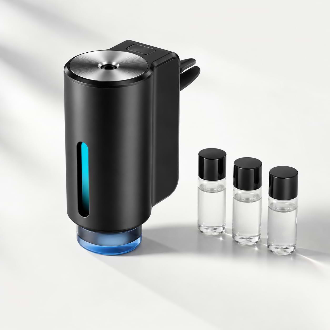 BYD car air freshener diffuser with essential oil fragrance bottles in black finish for vehicle interior aromatherapy