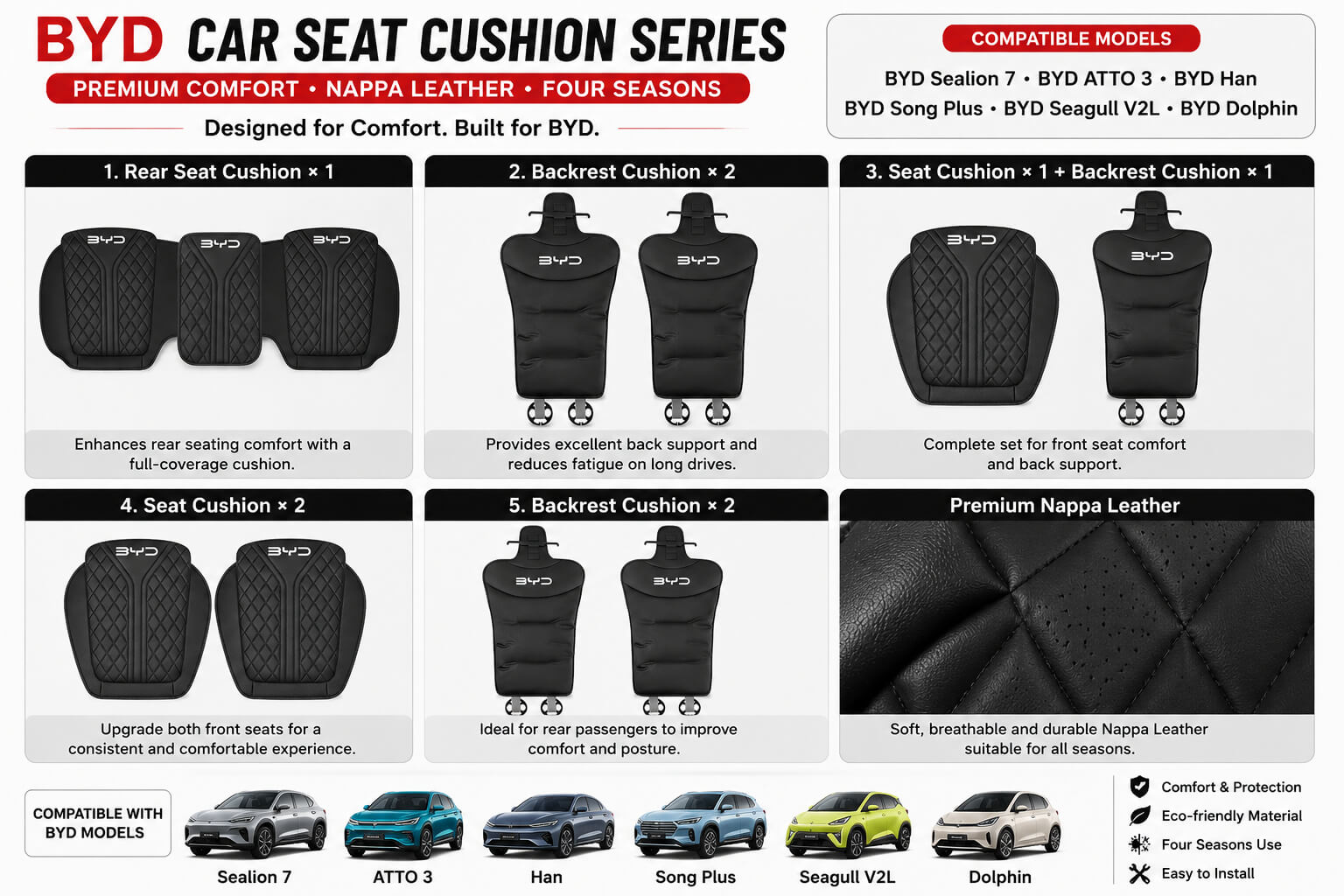 BYD car seat cushion and backrest cushion set for Sealion 7 ATTO 3 Han Song Plus Seagull V2L and Dolphin