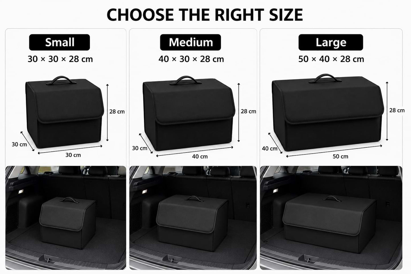 byd Black car seat organizer with size chart and application examples.