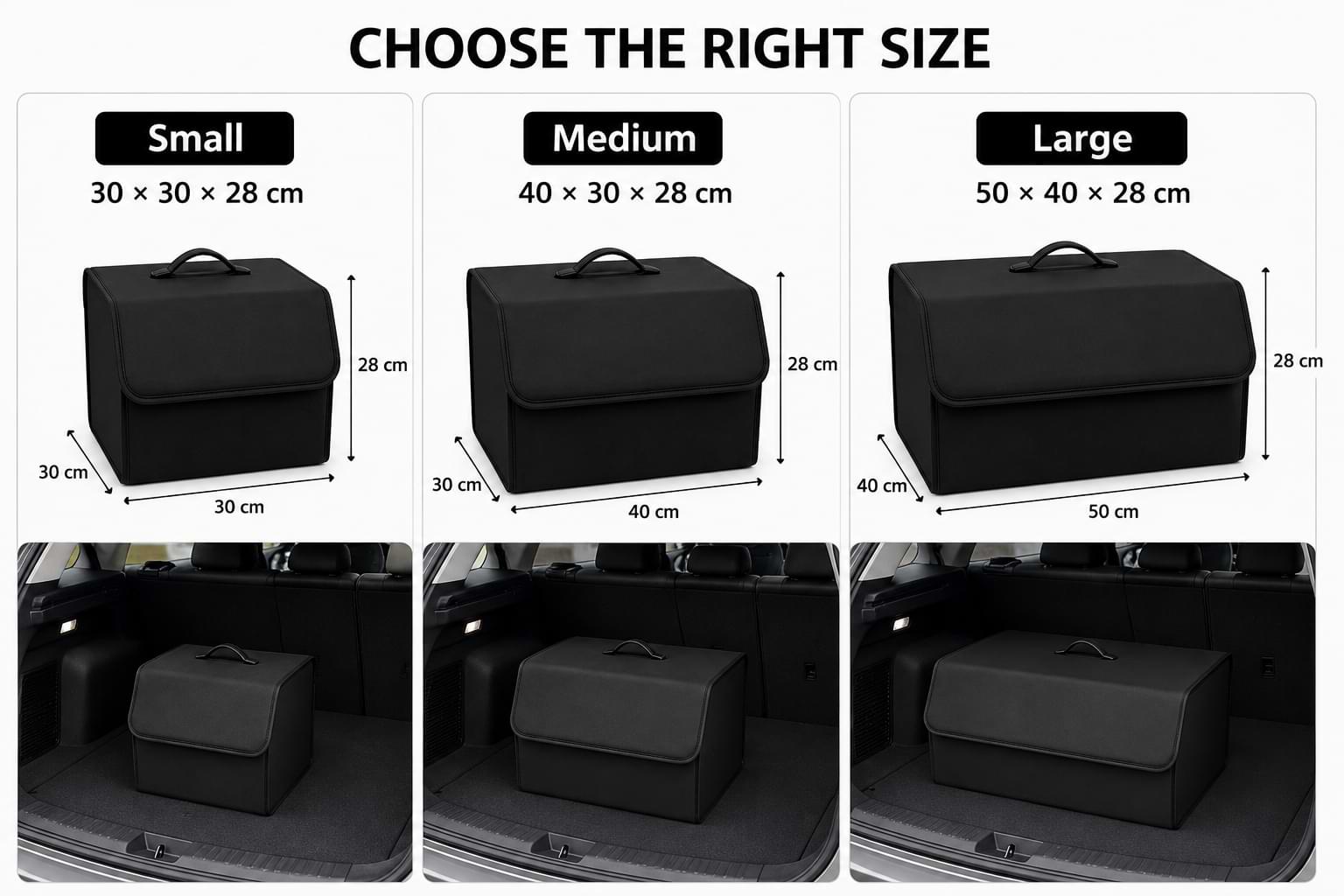 byd Black car seat organizer with size chart and application examples.