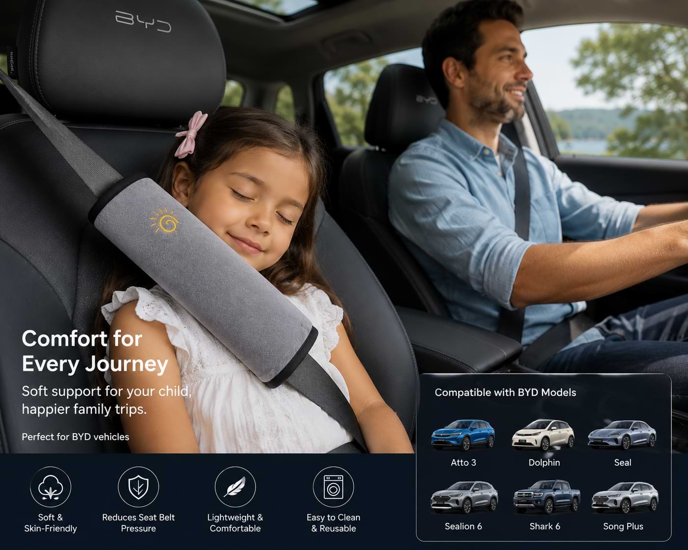 Child sleeping comfortably with BYD seat belt shoulder pad during a family road trip