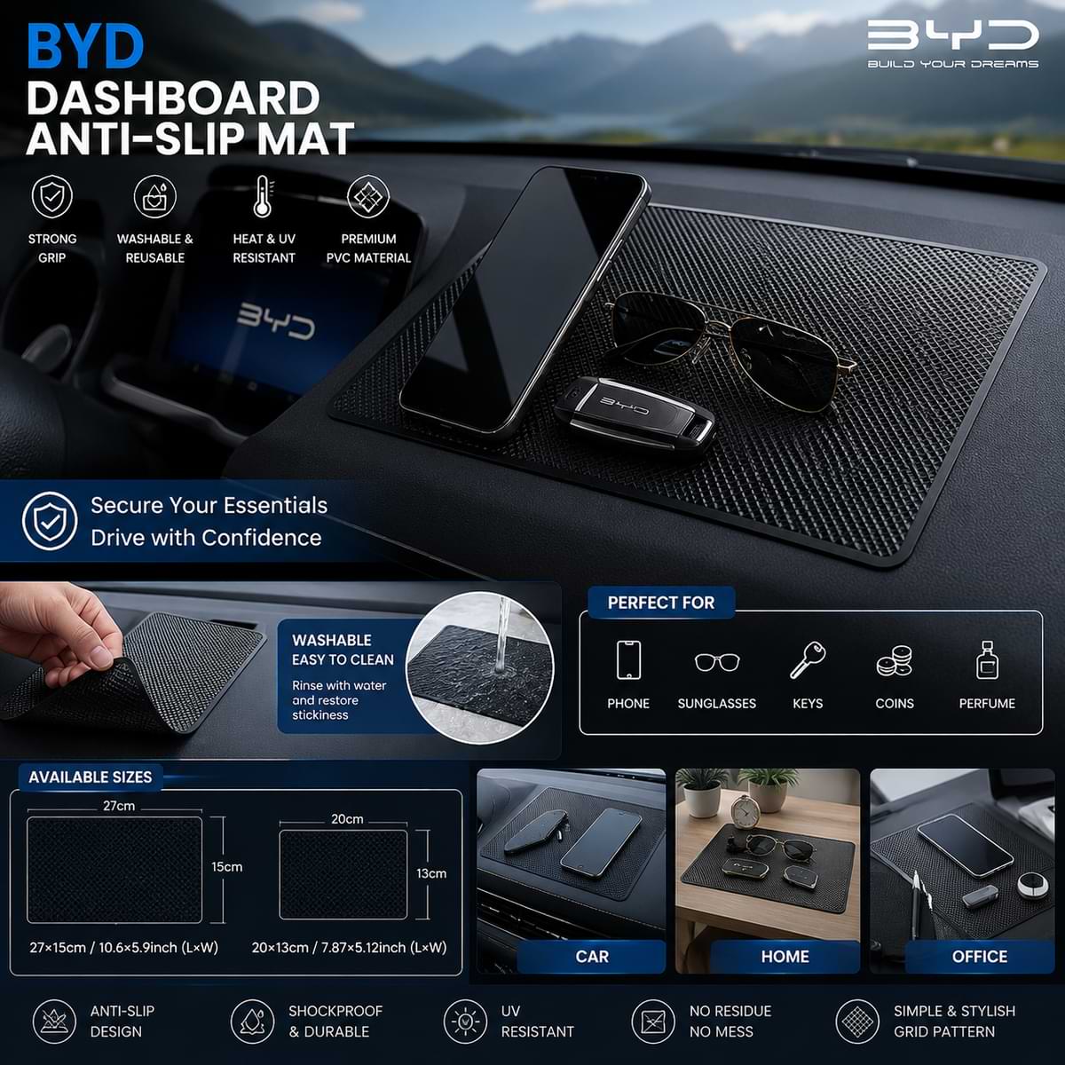 Keep your BYD dashboard organized with a washable anti-slip PVC mat designed for phones, sunglasses, keys, and small accessories with strong grip performance.