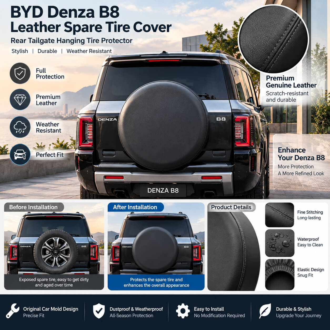 Premium leather spare tire cover for BYD Denza B8, designed to protect the rear-mounted spare tire from dust, rain, sunlight, scratches, and everyday wear while giving the vehicle a cleaner appearance.