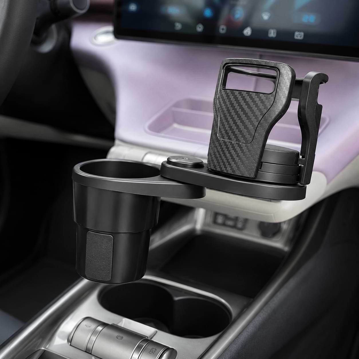 BYD Dolphin 360° rotating cup holder expander with mobile phone holder installed in vehicle center console