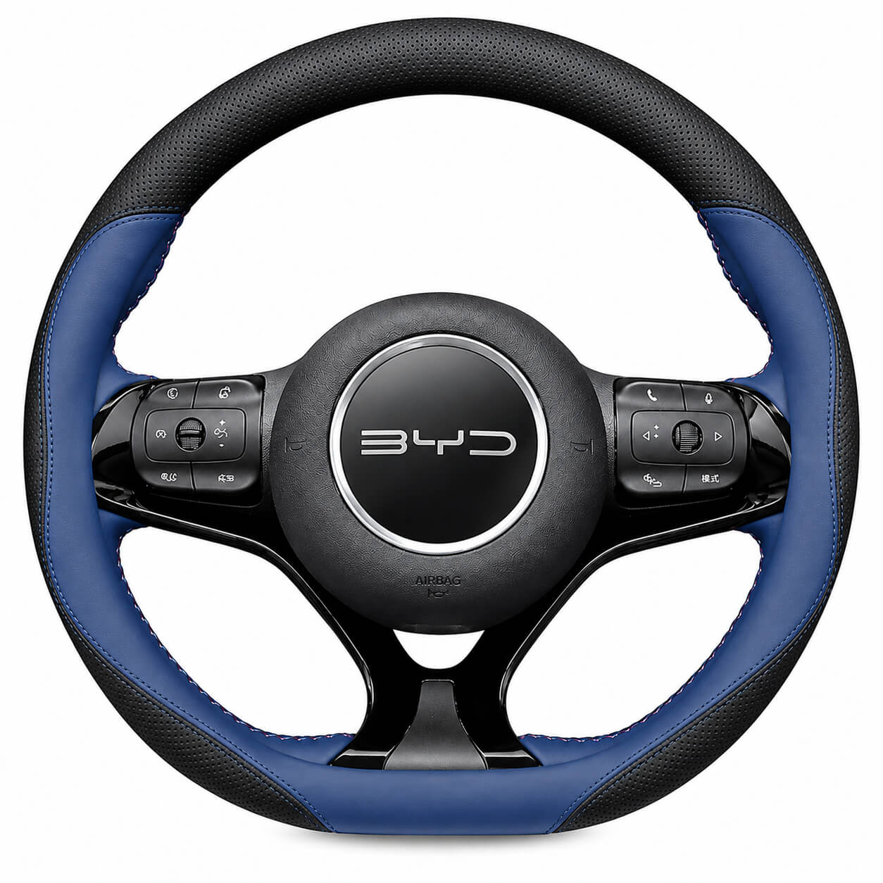 Black leather steering wheel cover installed on a BYD Dolphin with a 38cm Type D steering wheel.
