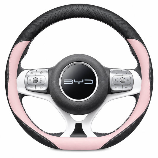 Black leather steering wheel cover installed on a BYD Dolphin with a 38cm Type D steering wheel. pink