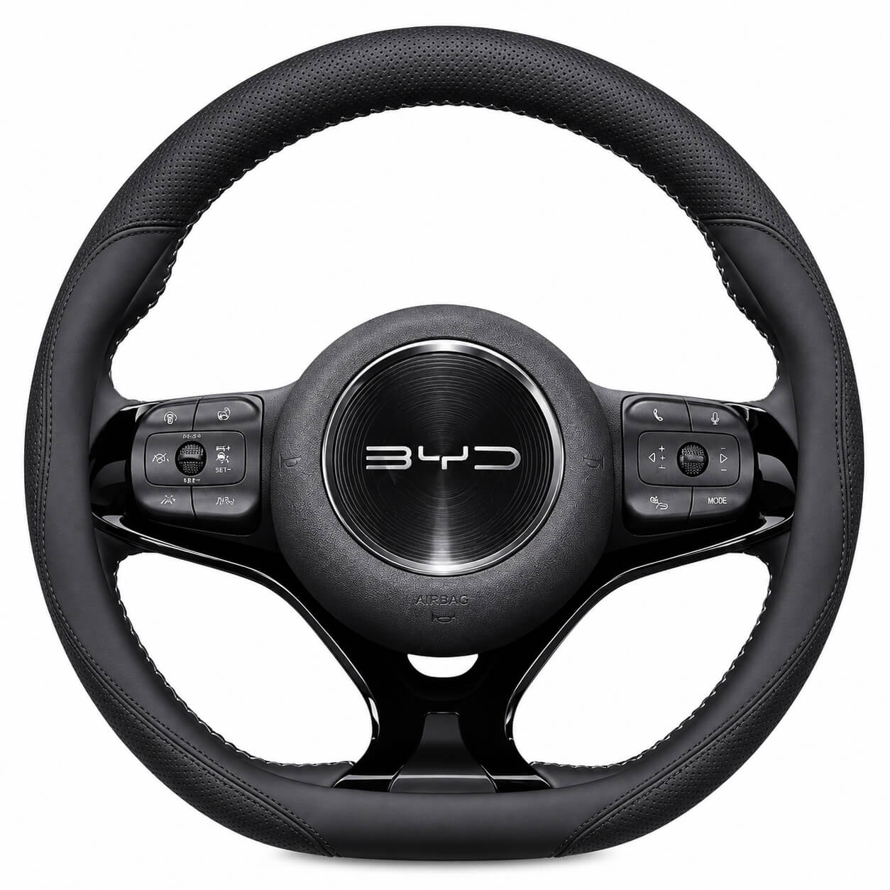 Black leather steering wheel cover installed on a BYD Dolphin with a 38cm Type D steering wheel. black