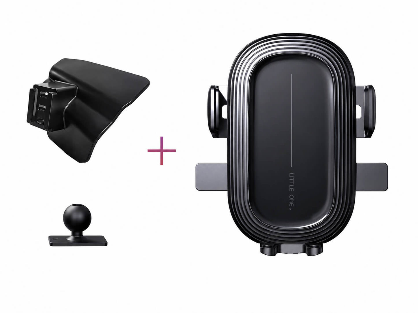 phone holder kit for BYD Dolphin featuring a custom-fit dashboard mount, fast wireless charger, USB Type-C cable, magnetic adapters, and metal ring.