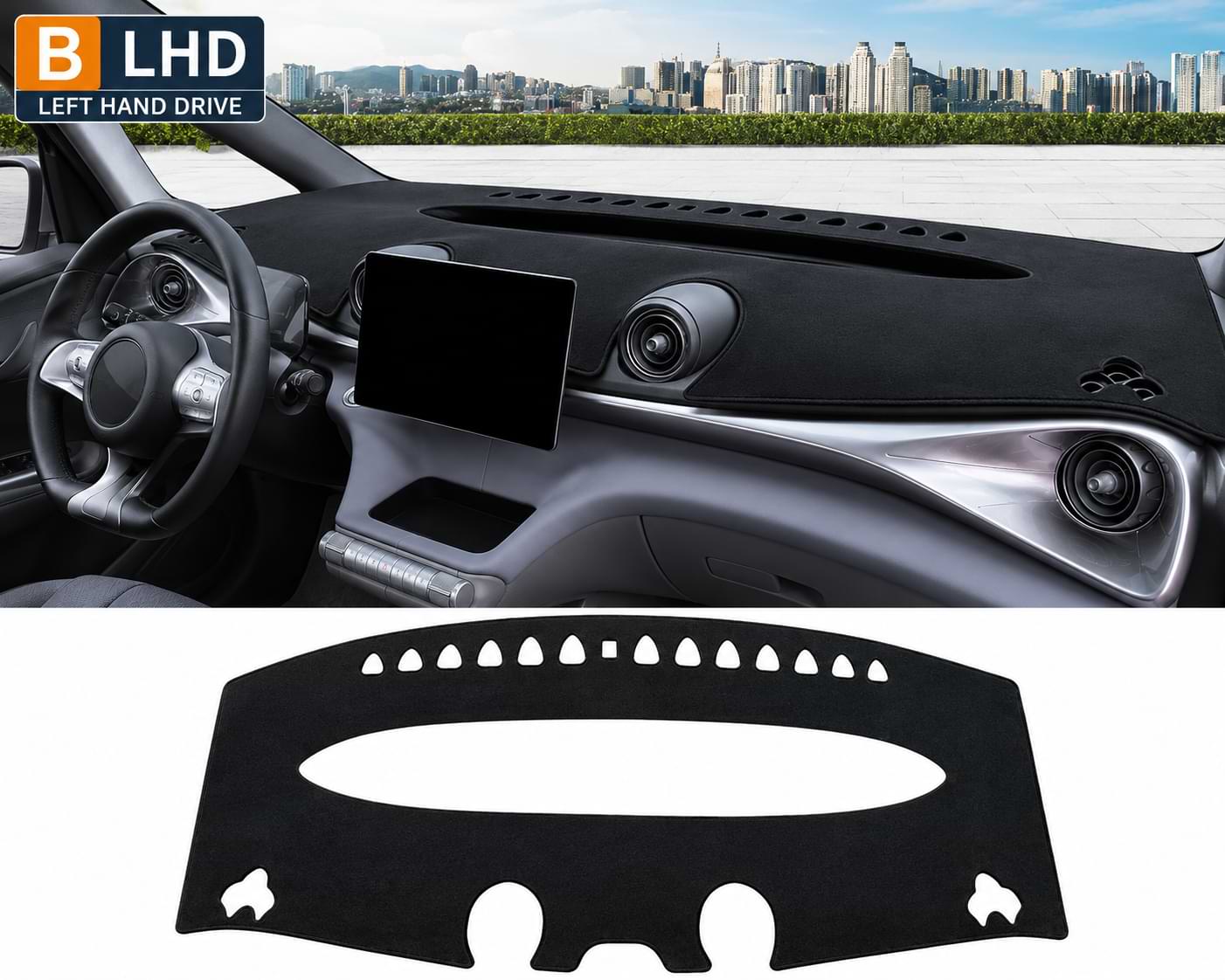 Black RHD dashboard cover installed in a BYD Dolphin interior with custom-fit anti-glare and anti-UV protection for 2021-2024 models.